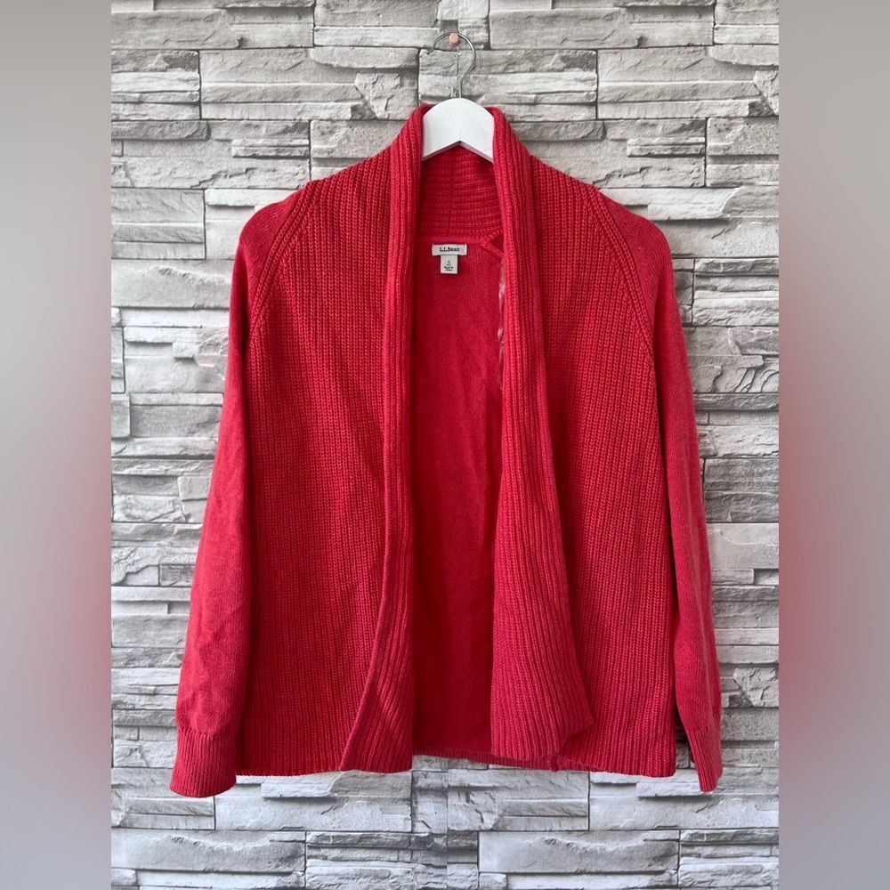 LL Bean Womens Scarlet Red Open Front Wide Shawl Ribbed Cotton Cardigan S PETITE
